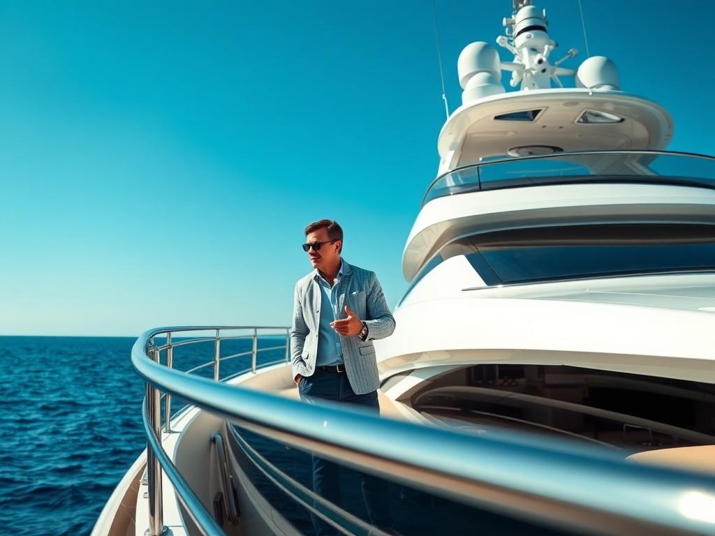 A close-up shot of a luxury yacht being showcased for sale, with a professional yacht broker discussing details with a potential buyer. The background features a clear blue sky and calm ocean, highlighting the yacht's elegance and appeal. The composition should focus on the yacht, capturing its sleek design and premium features, while ensuring the broker and buyer are engaged in conversation.