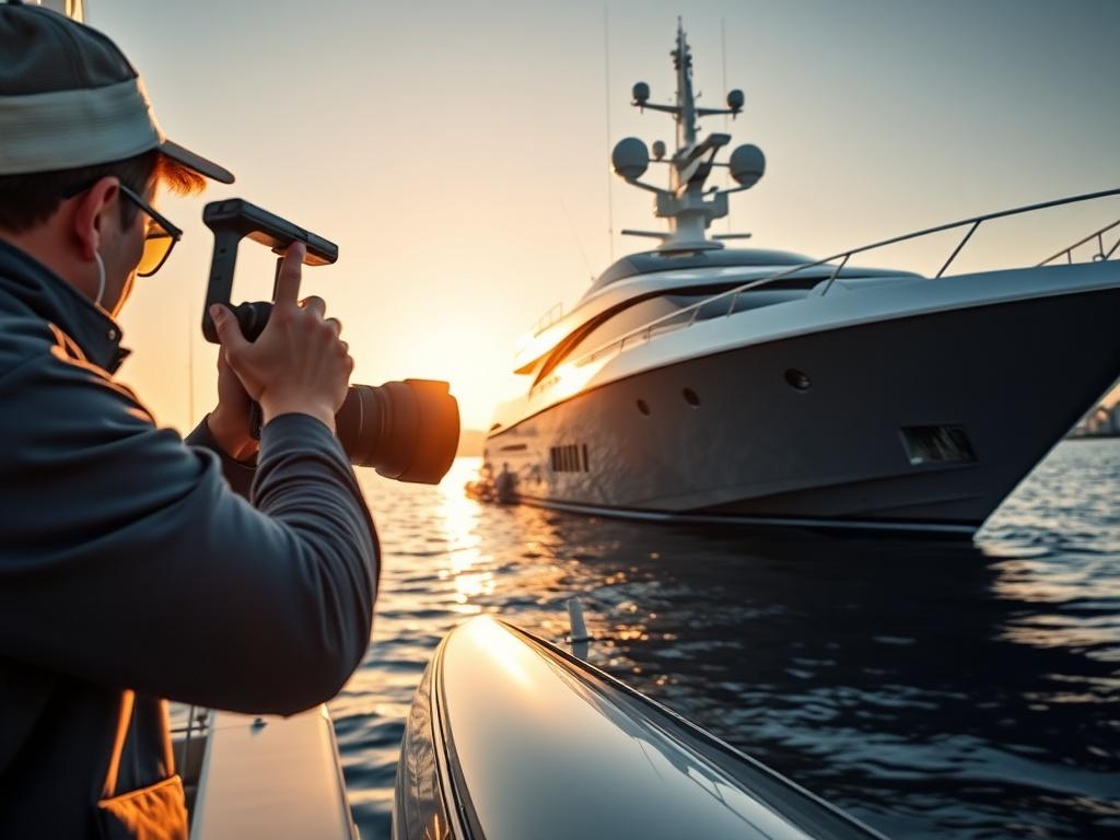 A stunning yacht photo shoot in progress, featuring a professional photographer capturing the elegance of the yacht in the harbor. The scene includes vibrant water reflections and a clear sky, emphasizing the yacht's beauty. The composition should highlight the yacht's sleek design while showcasing the professionalism of the marketing effort.