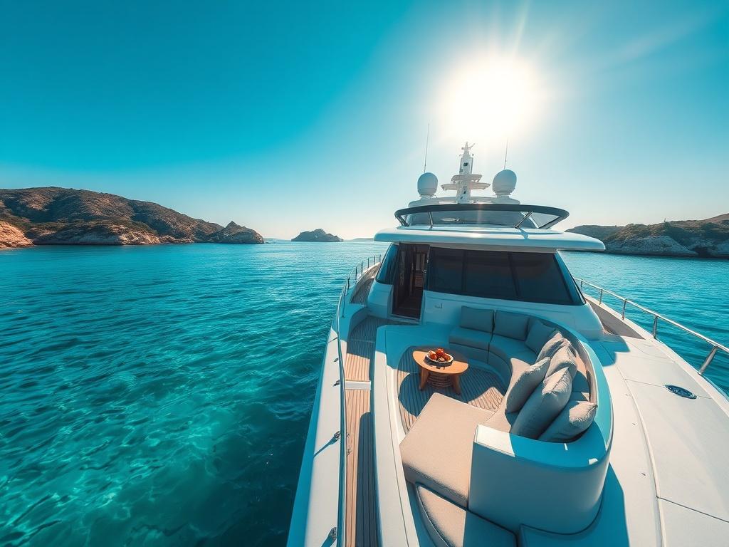 A close-up shot of an elegantly designed yacht anchored in a beautiful bay, with a luxurious lounge area featuring plush seating and a breathtaking view of the turquoise water. The sun shines brightly, enhancing the serene atmosphere.