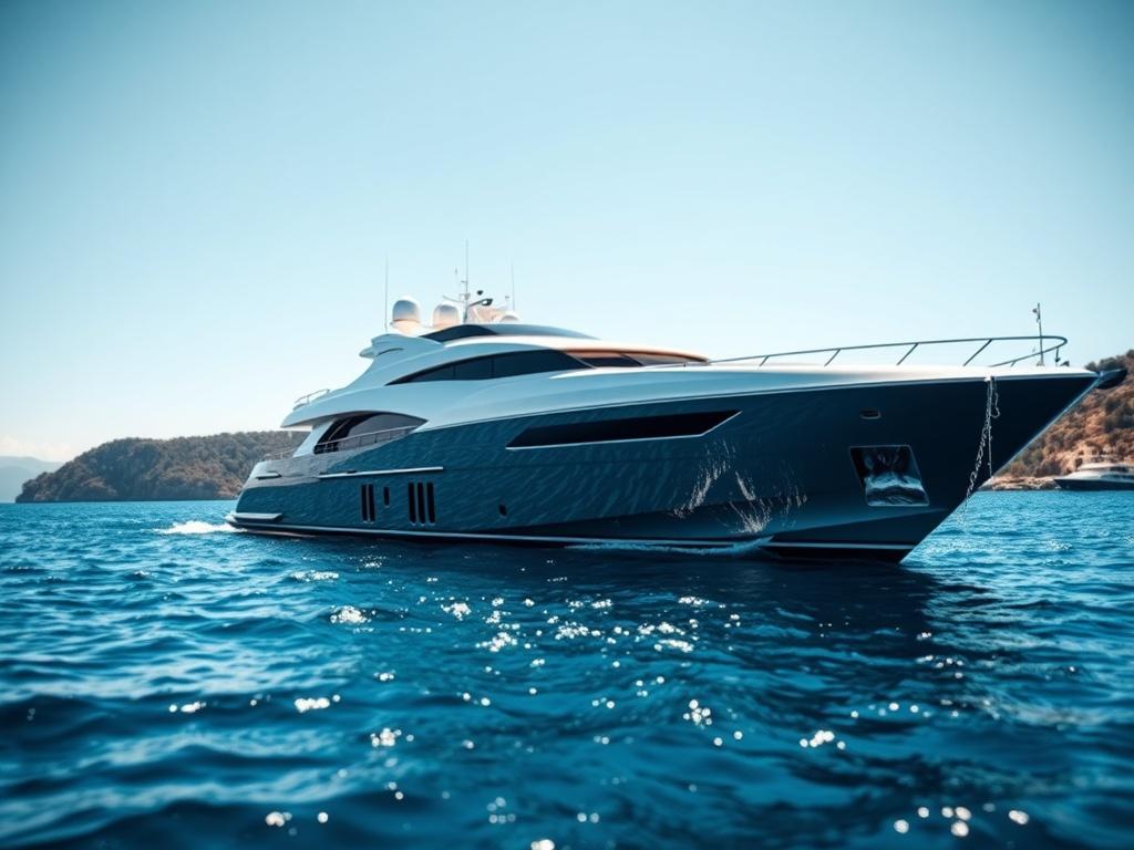A luxurious yacht glistening on calm blue waters under a