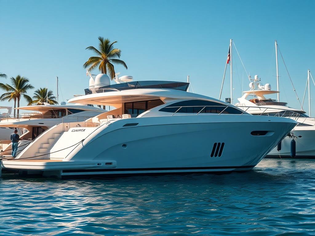 A luxurious yacht docked at a marina, with a clear