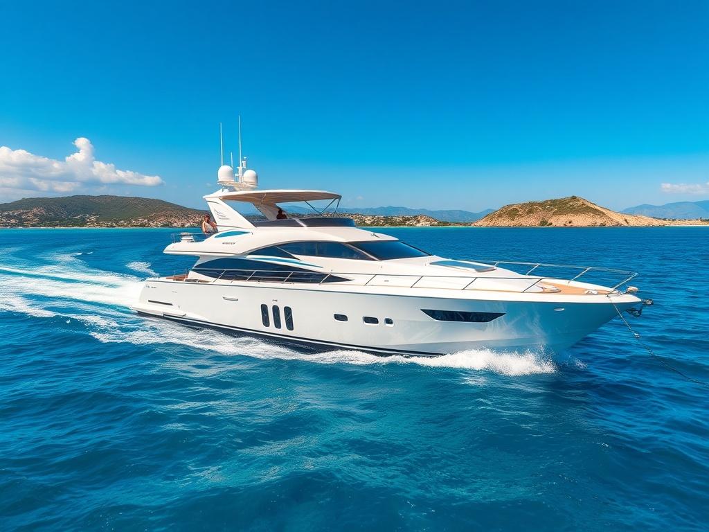 A stunning yacht cruising through crystal clear waters, with vibrant