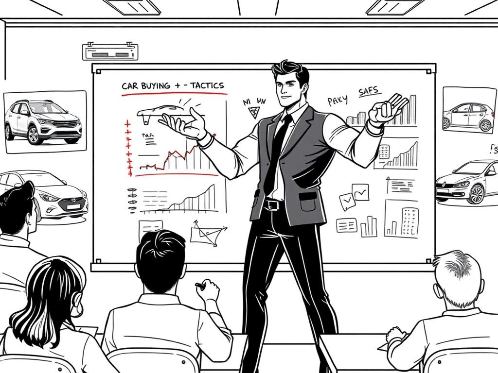 A muscle bound rooster <br>standing in front of a whiteboard filled with car buying strategies, graphs, and tactics. The background includes images of cars and a classroom setting with engaged students taking notes. The instructor is showcasing a powerful pose, exuding authority and knowledge. The style should be a crisp, solid black line drawing with a focus on clarity and simplicity.