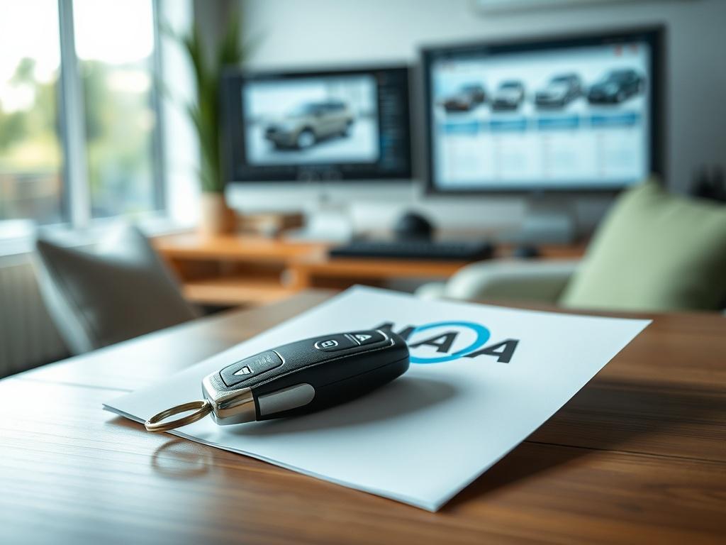 Create a realistic high-resolution photo that captures the essence of car buying with a focus on understanding N.A.D.A. values. The composition should be simple and clear, featuring a close-up shot of a single car key placed on a folded piece of paper displaying the N.A.D.A. logo. The paper should be positioned in the foreground to highlight its significance, while the car key gleams under soft natural light, emphasizing its importance in the car buying process.
In the background, create a subtle blur of a