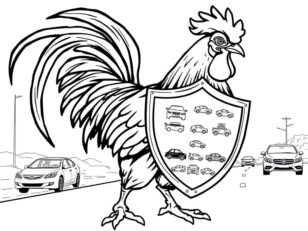 A high-quality illustration of a large, muscular rooster standing proudly with a shield that represents protection for car buyers. The rooster symbolizes strength and vigilance, while the shield is emblazoned with various car icons to signify the dealership rating system. The background is simple and clear, showcasing a road and a few cars in the distance. The illustration should be rendered in crisp, solid black line drawing style, compatible with the rgb(193, 153, 87) primary color.