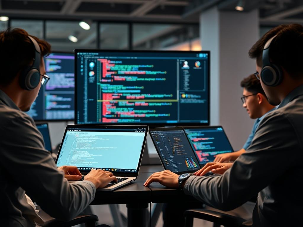 A sleek, high resolution image showcasing a group of developers
