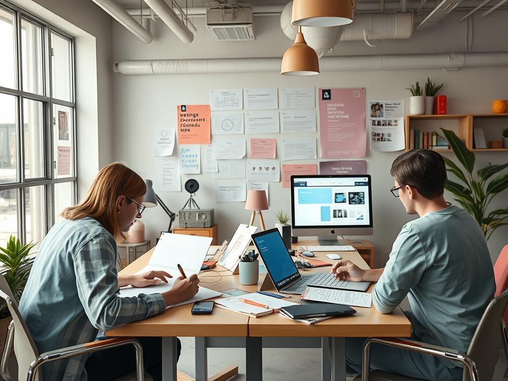 A vibrant, high resolution image featuring a creative workspace with