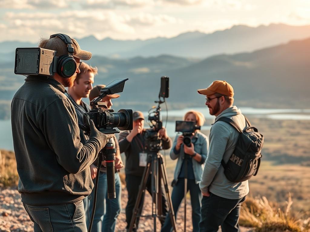 A high resolution image of a film crew on a
