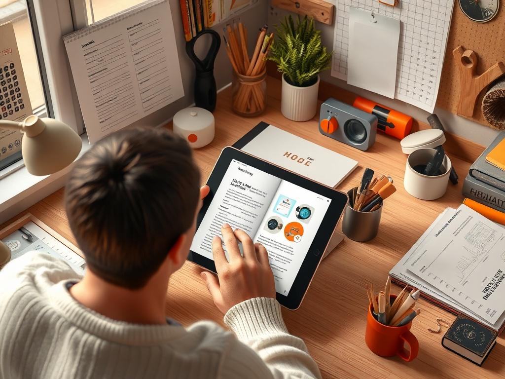 A serene workspace featuring a person reading a how to