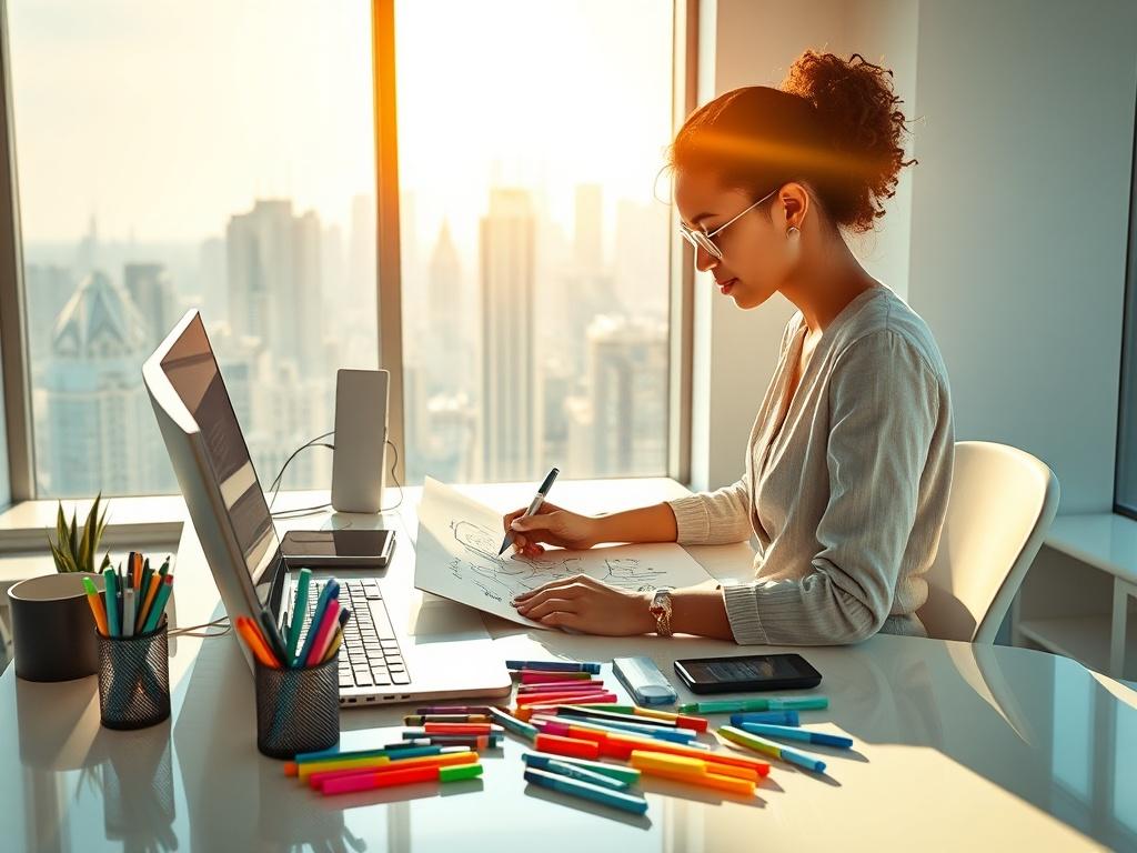 Create a realistic high-resolution image that embodies the theme "Turning Ideas into Reality." Focus on a single subject: a young, diverse female creative professional sitting at a sleek, modern desk in a bright, airy office space. She is passionately sketching her ideas onto a large sketchpad, with various colorful markers and digital devices scattered around her. The desk should have a clear, minimalistic design, emphasizing the simplicity and clarity of her creative process.

In the background, include a