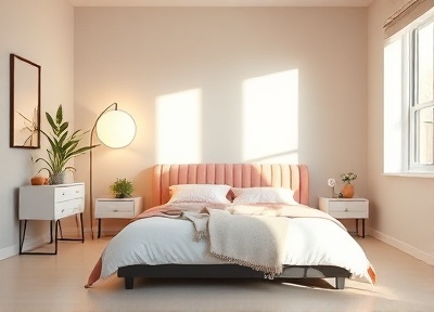 Peaceful private bedroom with soft colors and natural light