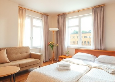 Comfortable bedroom with shared living setup