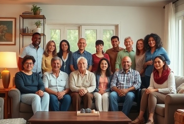 Diverse group of adults of different ethnicities in a home-like living room environment