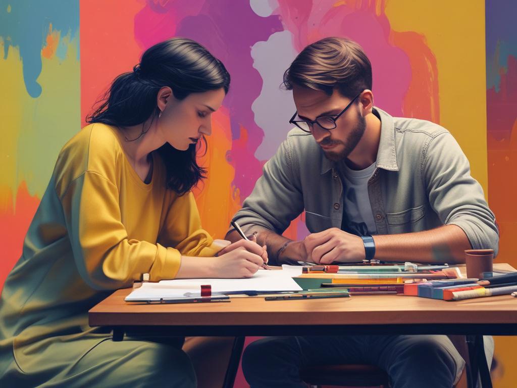 An artistic collaboration scene showcasing two artists working together on