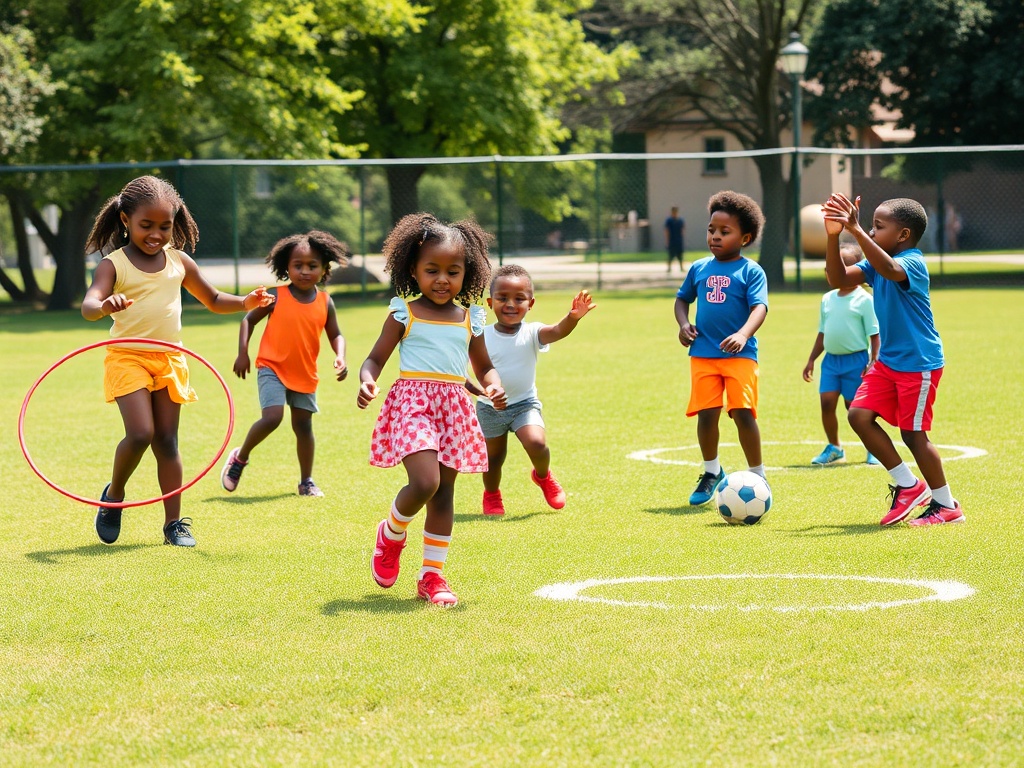 Happy African American children playing outdoor games on a grassy field with jump ropes, hula hoops, hopscotch, double Dutch, soccer and basketball