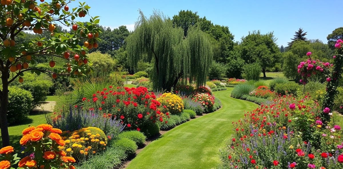 Garden with fruit trees and pathways