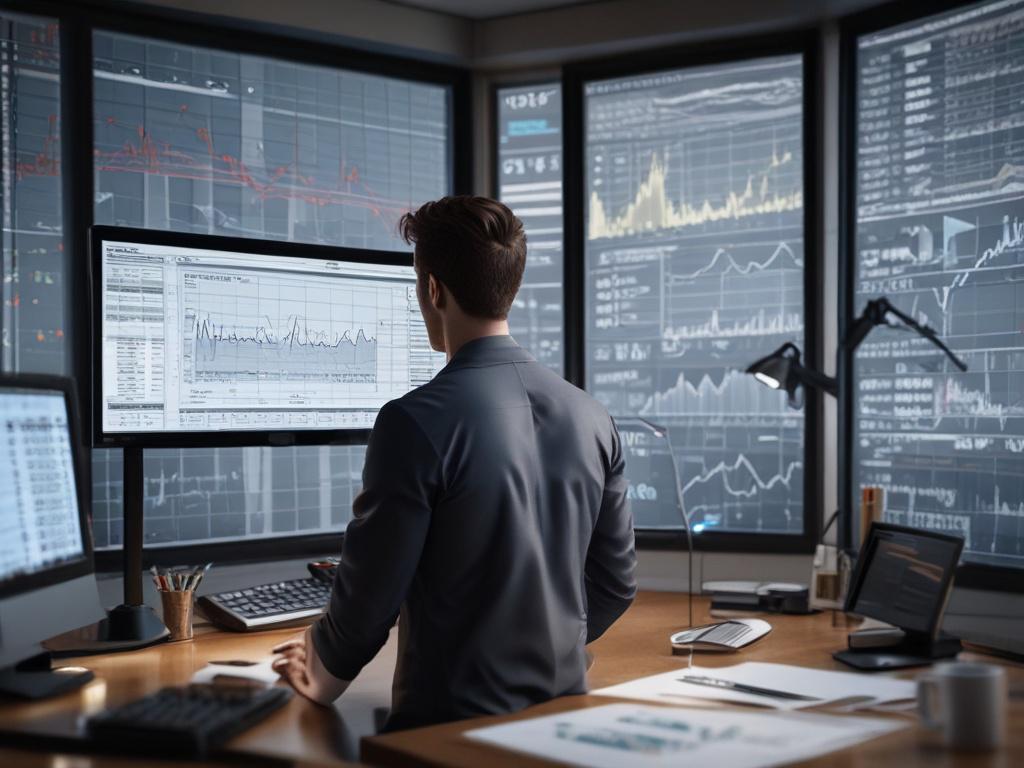 a focused individual analyzing market data on a digital screen,