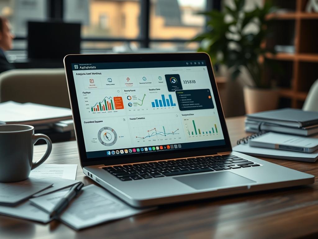 A close-up shot of a digital dashboard displaying analytics and automated workflows on a laptop, surrounded by notes and a coffee cup. The atmosphere is dynamic and engaging, showcasing the power of a Business Operating System in hyper-realistic detail.