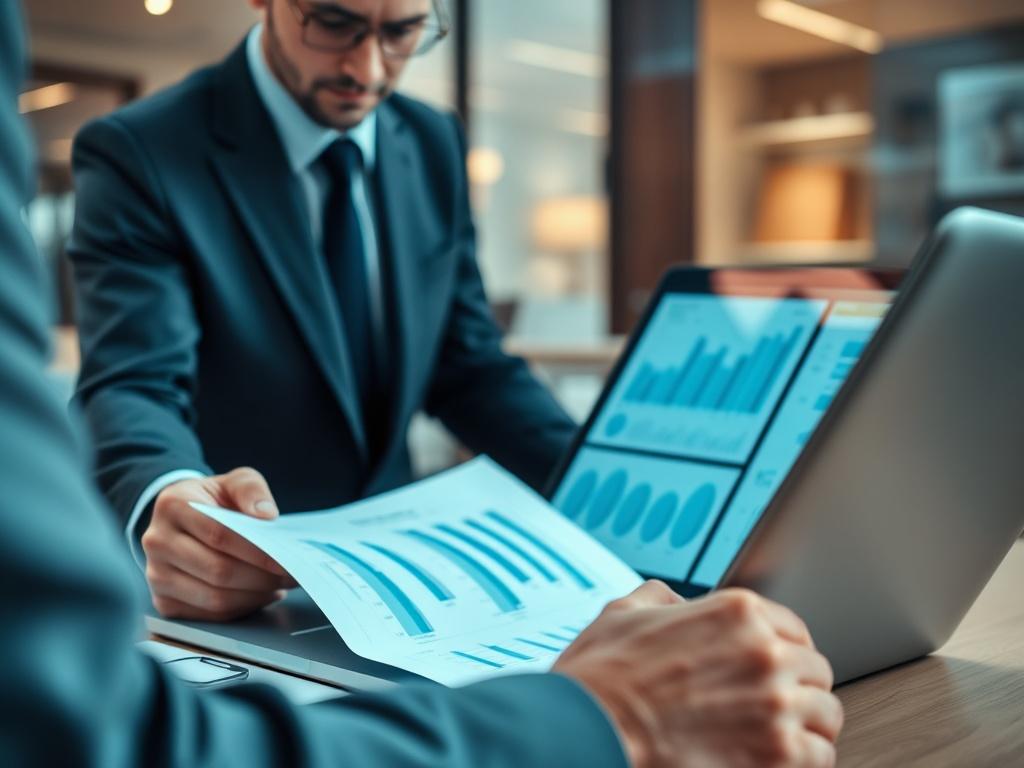 A close-up shot of a professional conducting a business automation audit, analyzing documents with a laptop open, showcasing charts and graphs on the screen. The background is an office setting with soft lighting, conveying a sense of professionalism and innovation, rendered in hyper-realistic detail.