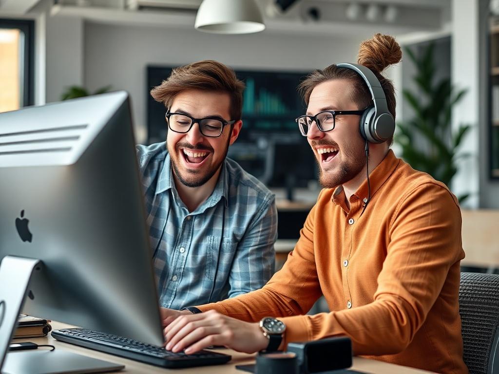 A close-up shot of a small business owner excitedly interacting with a computer, as a consultant points out features on the screen. The setting is bright and modern, filled with tech gadgets, showcasing a blend of enthusiasm and technology in a hyper-realistic style.