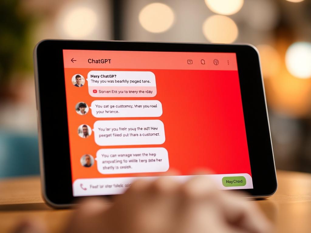 A realistic high-resolution close-up shot of a ChatGPT customer service bot interface on a digital device, showcasing a friendly conversation with a customer. The background is softly blurred to emphasize the device's screen. The color palette is vibrant with warm tones, aligning with the #FF6E4E primary color.