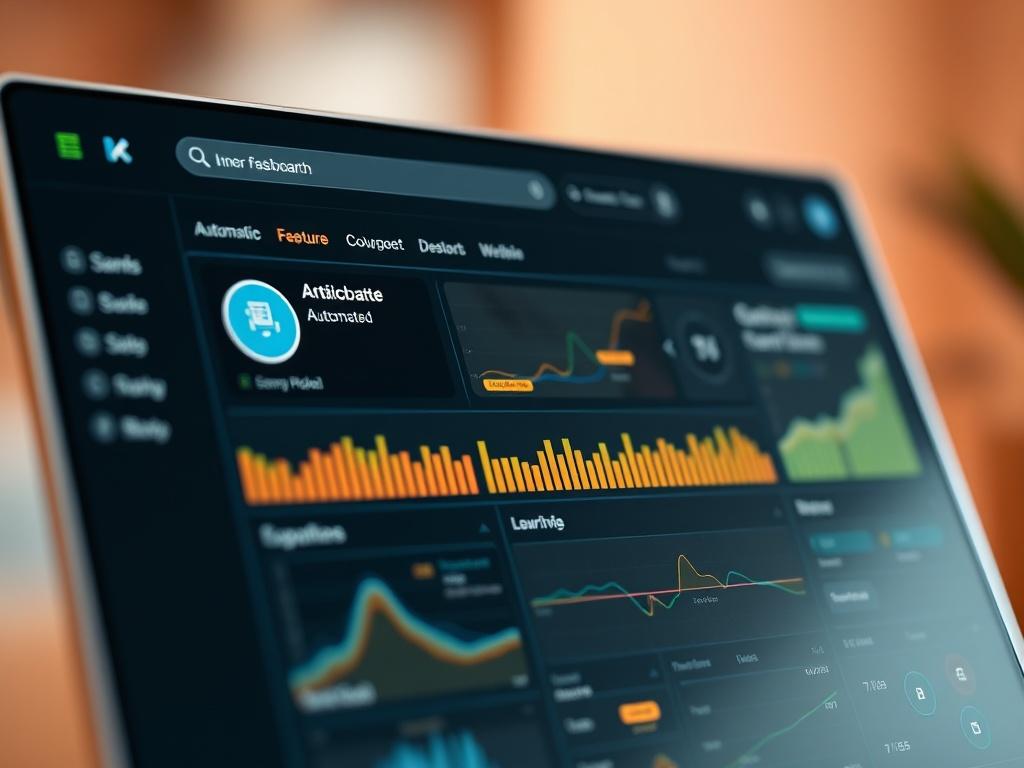 A realistic high-resolution close-up shot of a Wix website dashboard with automation features highlighted. The background is slightly blurred, focusing on the dashboard's functionality, with a warm color scheme that resonates with the #FF6E4E primary color.