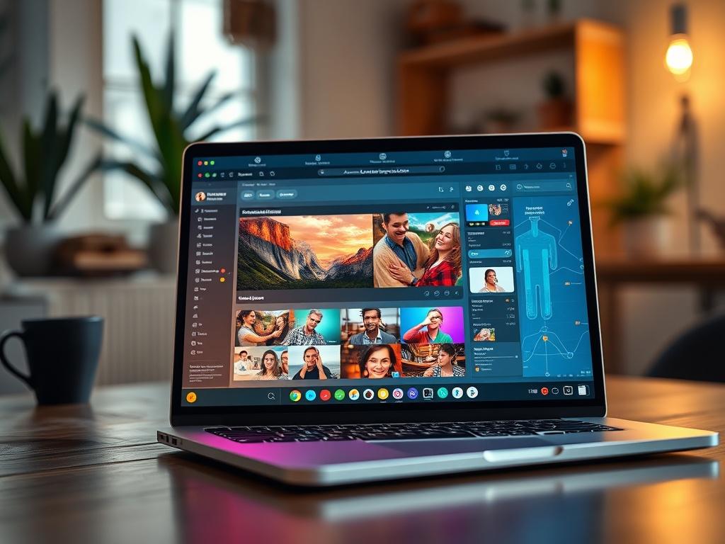 A close-up of a laptop screen displaying a vibrant content creation interface, with AI elements visualized as digital graphics around the screen. The background should be a cozy office setting, emphasizing creativity and productivity. Soft lighting enhances the inviting atmosphere.