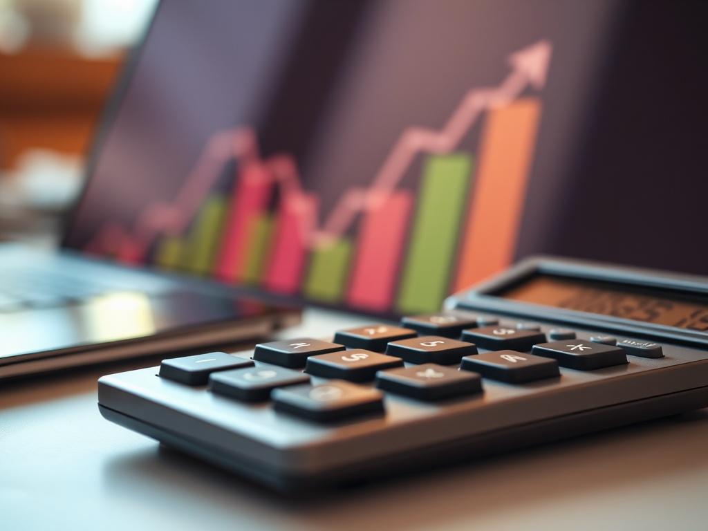 A close-up shot of a calculator with a graph showing declining costs and increasing profits in the background. The image should reflect a professional yet inviting atmosphere, showcasing the financial benefits of automation. The color palette should incorporate the #FF6E4E tone.