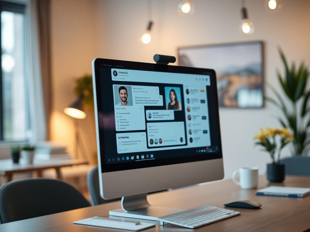 A close-up shot of a modern, sleek computer screen displaying an AI chatbot interface. The background features a cozy office setting with soft lighting, and the focus is on the screen showing engaging customer interactions. The image captures the essence of technology meeting customer service.