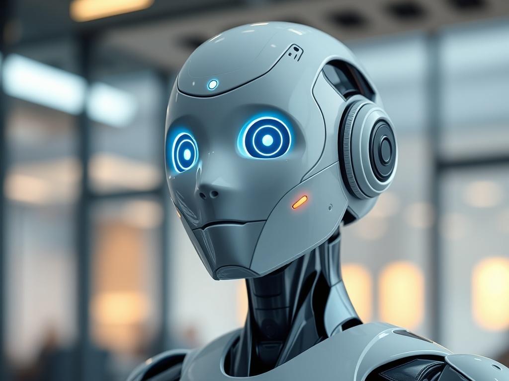 A close-up shot of a futuristic customer service bot with glowing elements, set against a blurred office background. The bot should appear friendly and approachable, with a sleek design that represents advanced AI technology. The lighting should be warm, highlighting the bot's features while maintaining a professional atmosphere.