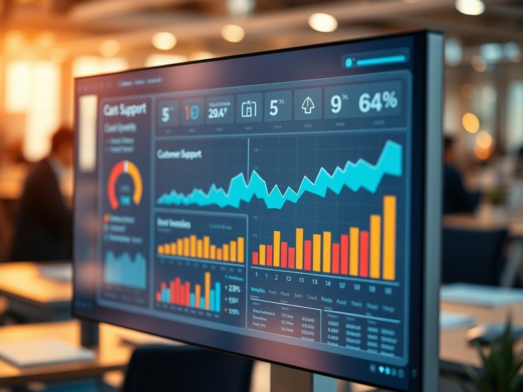 A close-up shot of a digital dashboard showing metrics and growth statistics related to customer support. The background should illustrate a busy office environment, signifying growth and expansion, with warm lighting to create an inviting atmosphere.