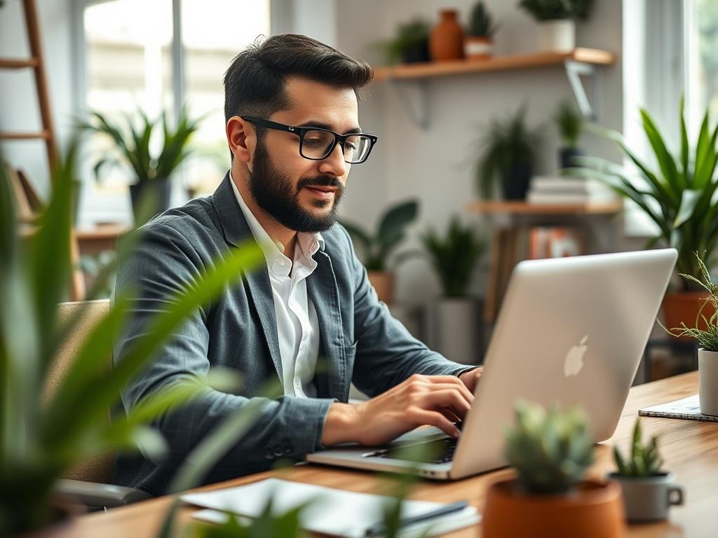 A close-up shot of a confident small business owner working on a laptop in a cozy office space, surrounded by plants and modern decor. The owner is engaging with a website design interface on the screen, showing vibrant colors and user-friendly elements. The background is softly blurred to keep the focus on the owner and the laptop, creating an inviting and productive atmosphere.