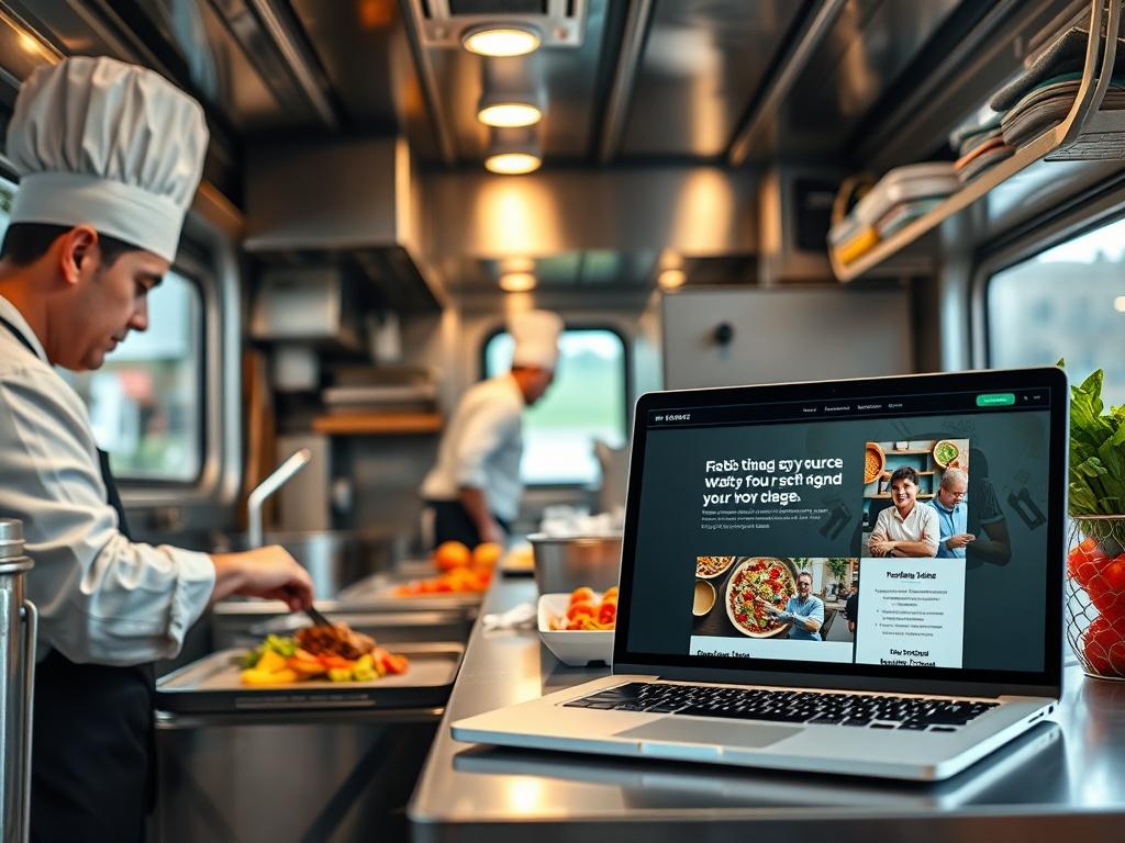 A high-resolution close-up of a food truck's interior, showcasing a busy kitchen with chefs preparing food, alongside a laptop displaying a beautifully designed landing page. The background shows a well-organized workspace with colorful ingredients, symbolizing efficiency and professionalism.