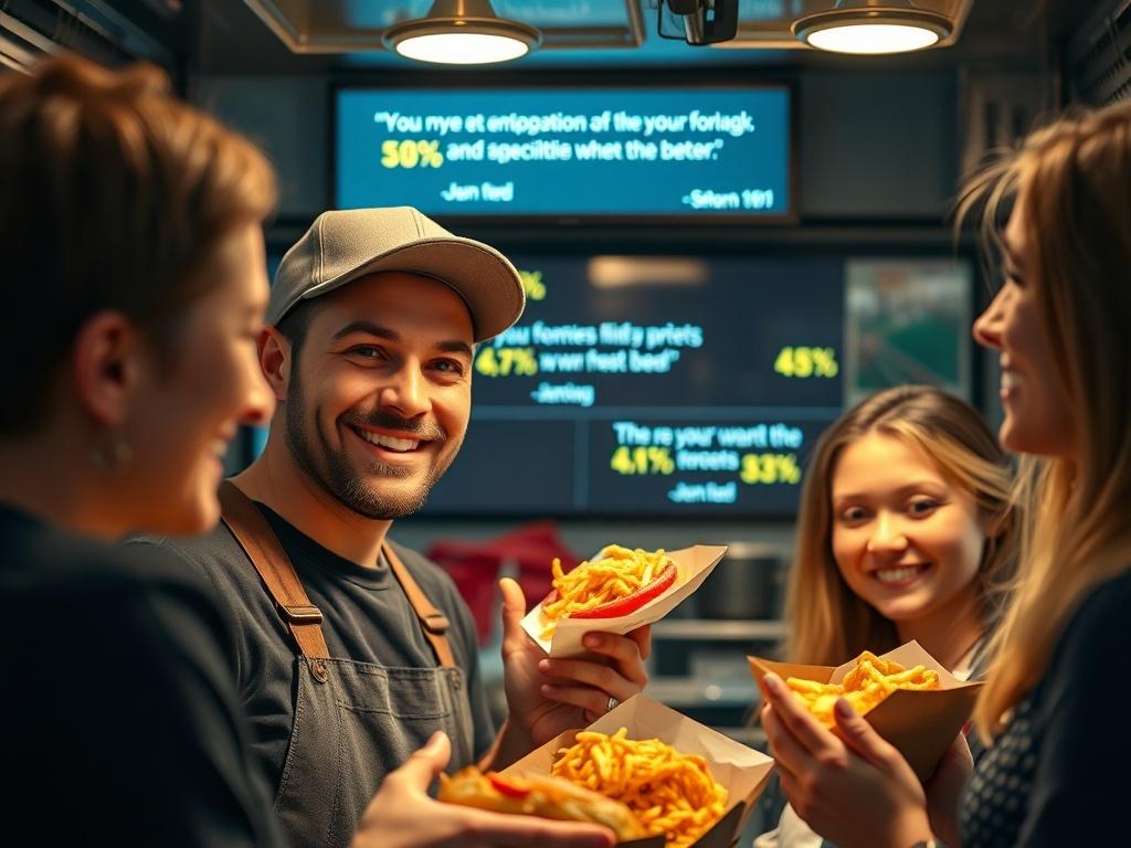 A high-resolution close-up of a food truck owner smiling with satisfied customers, holding delicious food items. In the background, a digital screen displays glowing testimonials and before vs. after comparisons, capturing the essence of community and success.