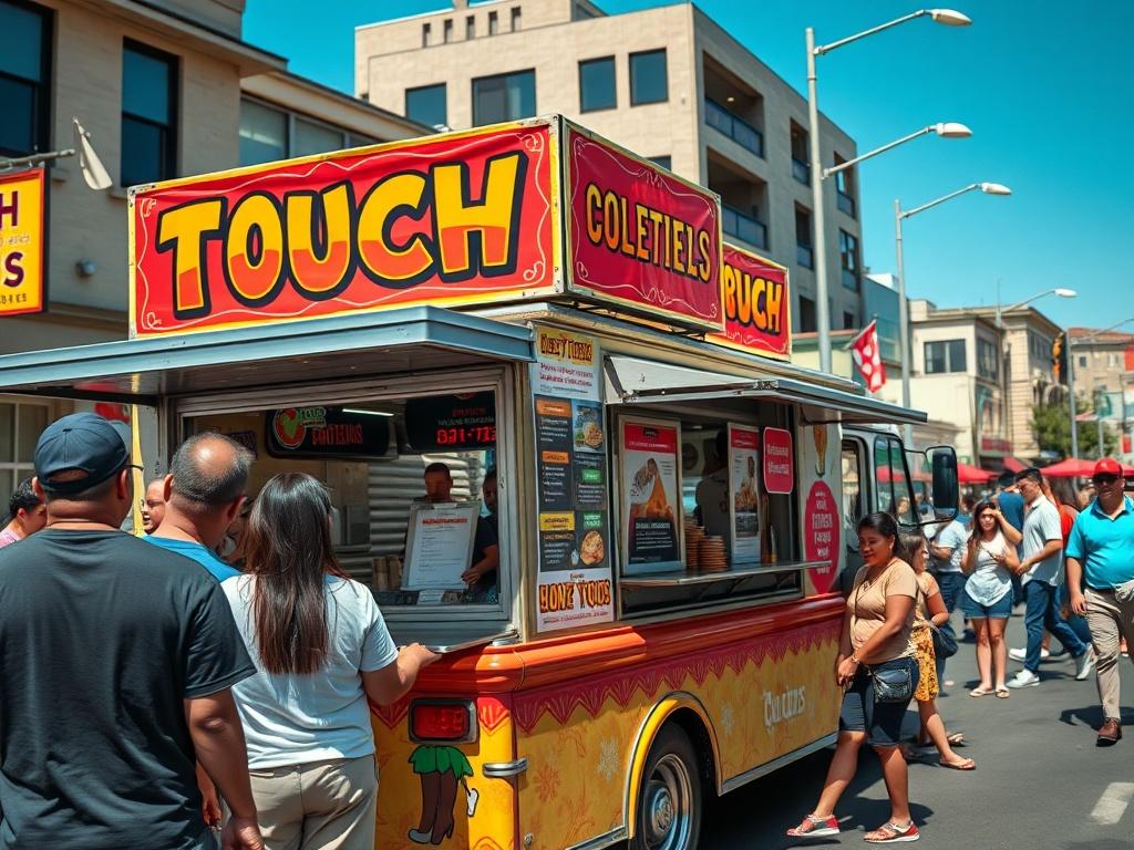A high-resolution close-up shot of a vibrant food truck with a catchy, colorful banner displayed, set against a bustling street scene filled with eager customers. The focus is on the food truck, showcasing its unique branding and delicious food offerings, with a clear blue sky in the background.