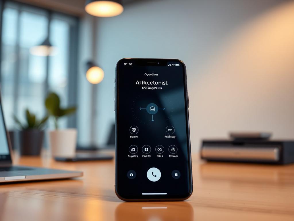 A close-up shot of a sleek AI interface displayed on a modern smartphone, set against a clean and minimalist desk background. The focus is on the phone screen that shows the OpenLine AI Receptionist interface, radiating a sense of professionalism and innovation. The image should evoke a feeling of modern technology and efficiency, with warm lighting that complements the overall color scheme of #FF6E4E.