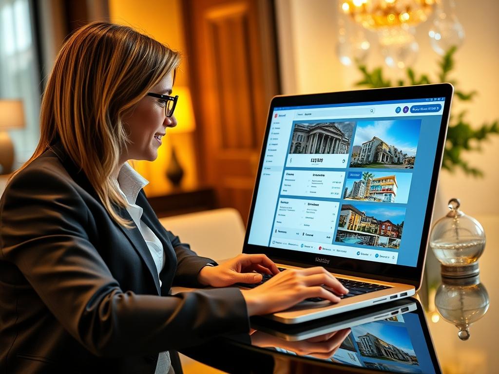 A close-up shot of a successful realtor in a luxurious office setting, engaging with clients through a high-end laptop displaying the OpenLine AI Receptionist dashboard. The background should reflect sophistication and success in the real estate industry. The image must convey a sense of premium quality and efficiency, with warm, inviting lighting that aligns with the #FF6E4E color scheme.