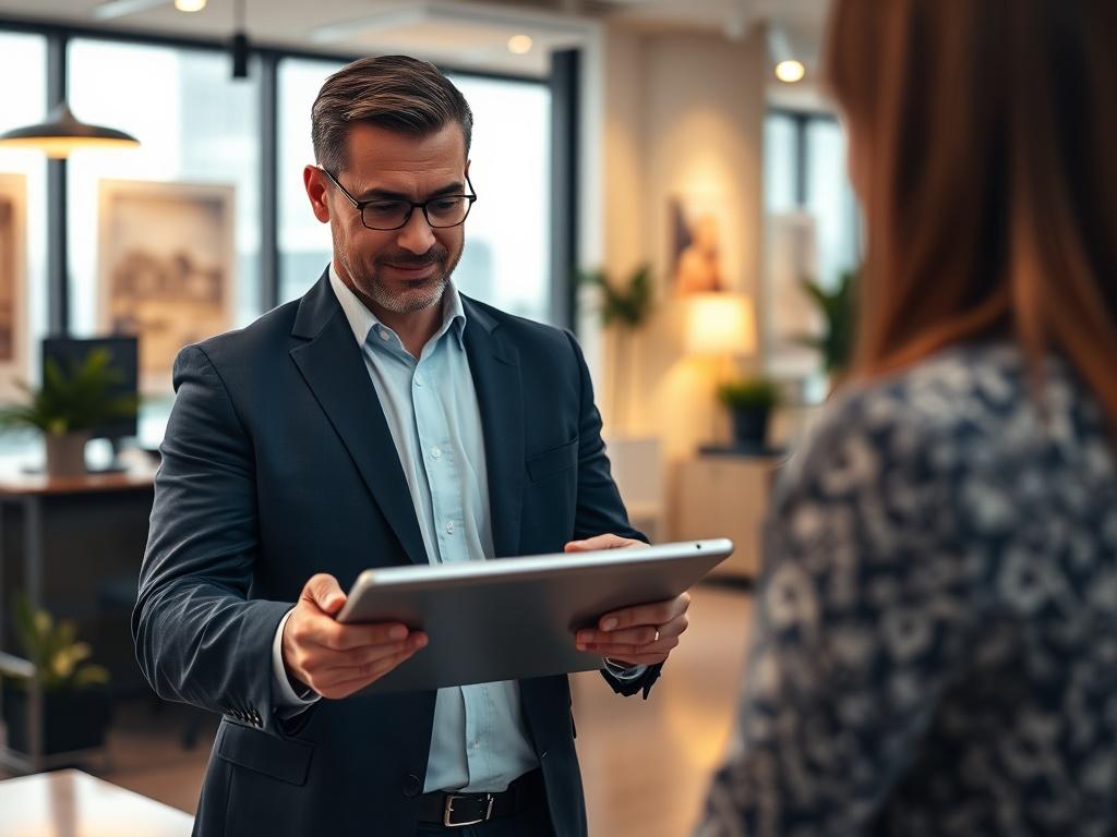 A close-up shot of a confident realtor using a tablet to interact with clients, showcasing the OpenLine AI Receptionist interface on the screen. The background features a modern office environment with real estate elements, emphasizing professionalism and technological advancement. The image should highlight an atmosphere of innovation and efficiency, with warm lighting that matches the color theme of #FF6E4E.