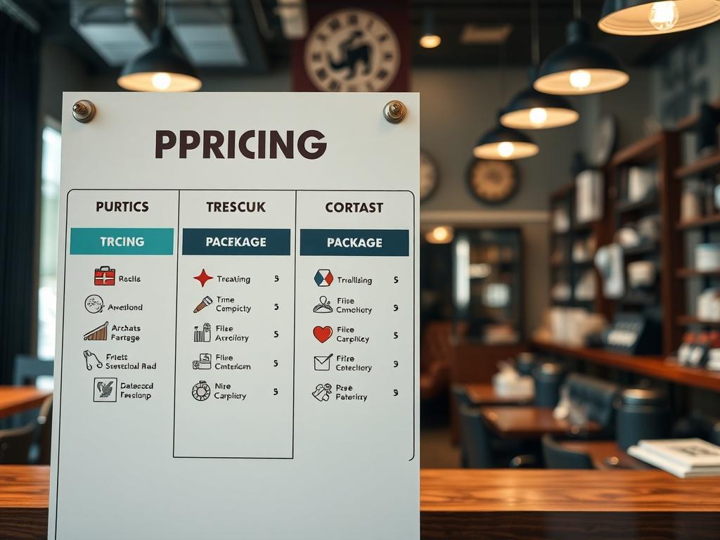 A close-up shot of a pricing display board in a barbershop, featuring three distinct tiers with attractive visuals and icons for each package. The background should subtly highlight the barbershop's ambiance, ensuring a professional yet inviting appearance.