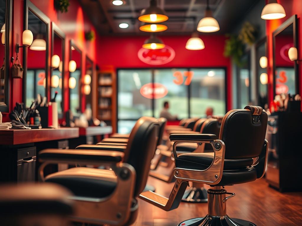 A close-up shot of a modern barbershop interior, featuring stylish barber chairs and vibrant decor. The lighting is warm and inviting, showcasing a clean and professional atmosphere. The focus should be on the barber chairs with tools neatly arranged on a nearby shelf, symbolizing a welcoming environment for clients. The background should be softly blurred to emphasize the barbershop's modern design.