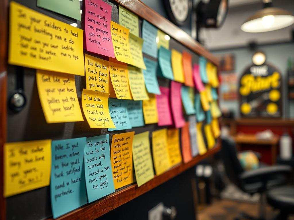A close-up shot of a vibrant testimonial board in a barbershop, featuring handwritten notes from satisfied customers. The board should display a variety of colorful sticky notes and cards, showcasing diverse client feedback. The background should include blurred barbershop elements to emphasize the community and client satisfaction.