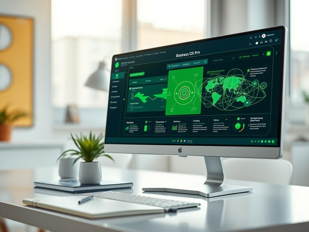 A hyper-realistic close-up shot of a sleek, modern computer screen displaying the PhoenixAi Business OS Pro interface, set in a bright, clean office environment. The background features soft-focus office elements, like a desk with a plant and a notebook, while the screen shows visualizations of interconnected workflows and automated tasks. The image should have vibrant colors, with a primary focus on green tones to reflect the brand's rgb(50, 170, 39). The composition should be clear and simple, emphasizing
