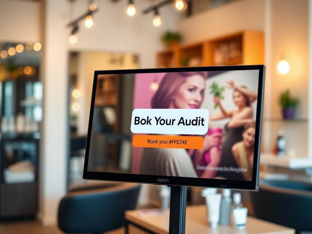 A hyper-realistic close-up shot of a vibrant salon landing page featuring clear and enticing call-to-action buttons. The screen should display an inviting 'Book Your Audit' button prominently, set in a stylish salon environment. The background should have soft lighting that enhances the appeal of the digital interface, with the primary color #FF6E4E reflected in the button design.
