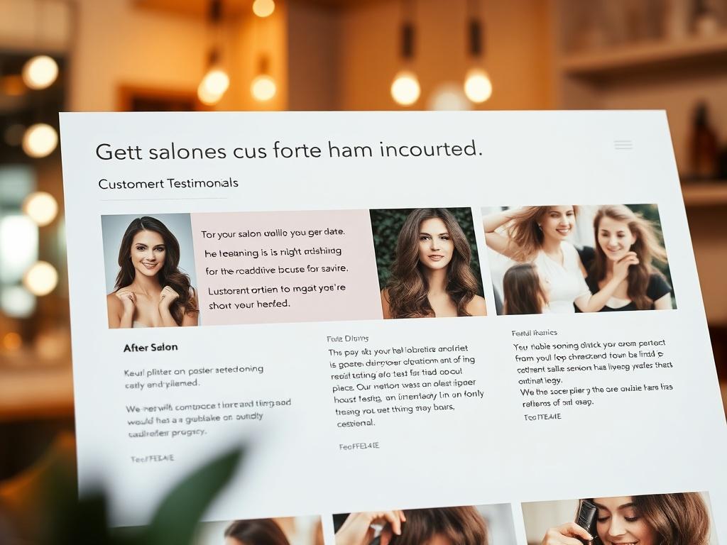 A hyper-realistic close-up shot of a salon landing page displaying customer testimonials alongside before-and-after photos. The aesthetic should reflect a cozy salon atmosphere, with warm lighting that emphasizes the satisfaction of clients. The primary color #FF6E4E should be featured in the testimonial design elements, creating a cohesive look.