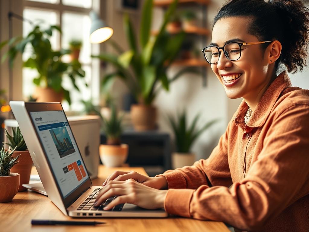 A close-up shot of a small business owner setting up automation tools on a laptop with a bright smile. The background features a cozy work environment with plants and supportive decor. The lighting is warm and inviting, emphasizing a sense of enthusiasm and readiness. The color scheme aligns with the #FF6E4E primary color for visual consistency.