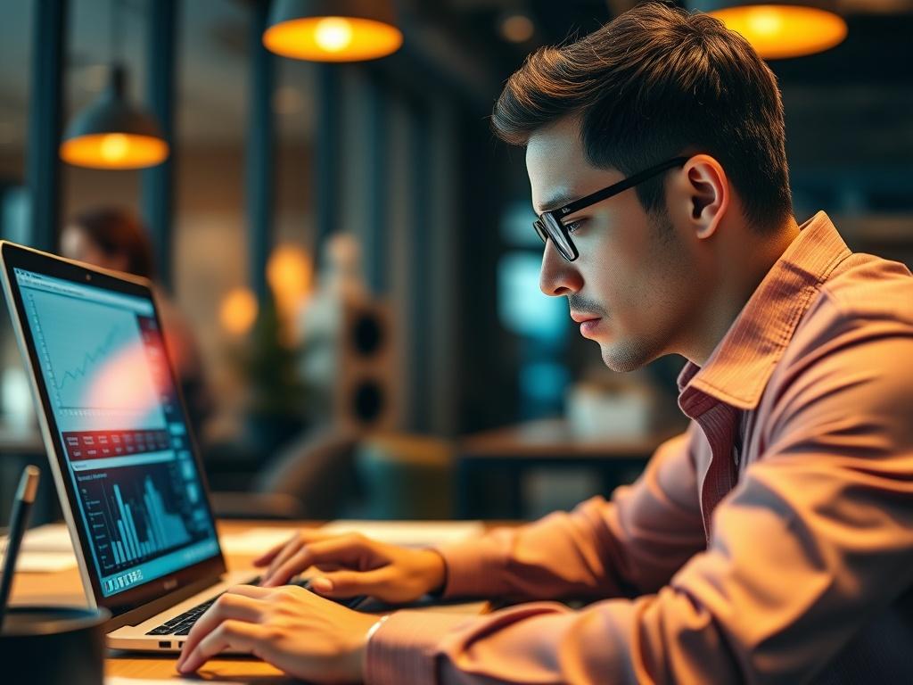 A close-up shot of a professional analyzing data on a laptop, with graphs and charts visible on the screen. The setting is a modern office with warm lighting and an organized workspace. The background is softly blurred to highlight the subject's focused expression. The color scheme harmonizes with the #FF6E4E primary color, creating a professional yet inviting atmosphere.