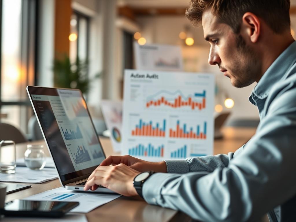 A close-up shot of a business professional analyzing data on a laptop, surrounded by charts and graphs. The setting is a modern office with warm lighting, emphasizing a focus on productivity and insight. The image should convey a sense of professionalism and innovation, capturing the essence of an automation audit. Shot with a 45mm f/1.2 lens for a hyper-realistic effect, with a soft bokeh background.