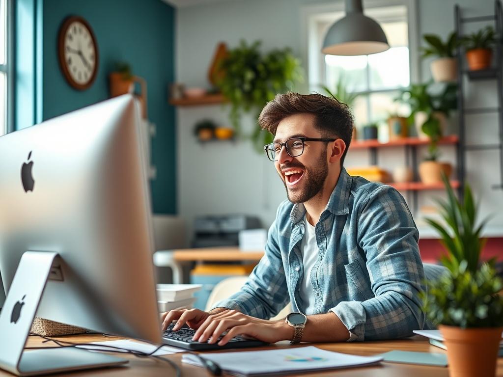 A close-up shot of a small business owner excitedly setting up a computer with automation tools. The workspace is vibrant and inviting, with colorful decor and natural light streaming in. The image should highlight a sense of enthusiasm and innovation, showcasing the simplicity of technology adoption. Captured with a 45mm f/1.2 lens for a hyper-realistic effect, with a soft bokeh background.