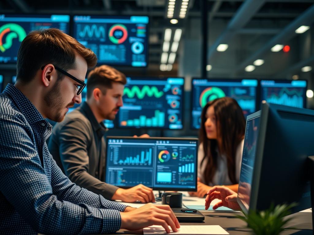 A close-up shot of a business team collaborating over digital tools, showcasing a dynamic workspace filled with screens displaying automation dashboards. The atmosphere should be energetic, illustrating teamwork and innovation in action. The image should capture the essence of a modern business environment, shot with a 45mm f/1.2 lens for a hyper-realistic effect, with a soft bokeh background.