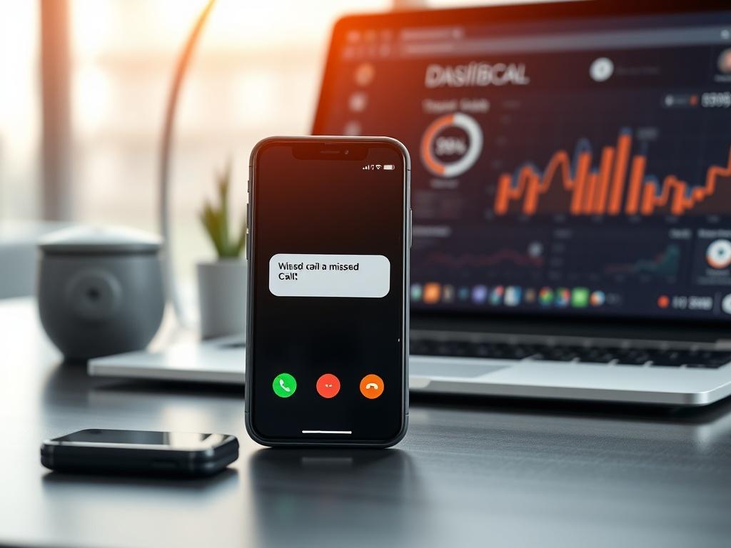 A sleek, modern office desk with a smartphone displaying an SMS notification about a missed call. The background shows a laptop with a digital dashboard, indicating efficient communication. The lighting is warm and inviting, highlighting the phone and laptop. Use a 45mm f/1.2 lens for a shallow depth of field.